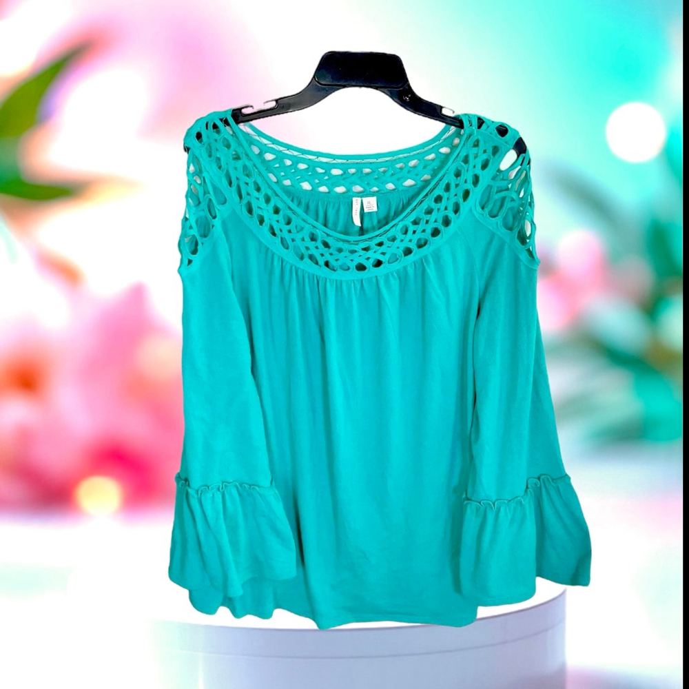 Cato Turquoise Greenish Blue Top Braided Cut Out Neckline Bell Sleeve Top Wm XL